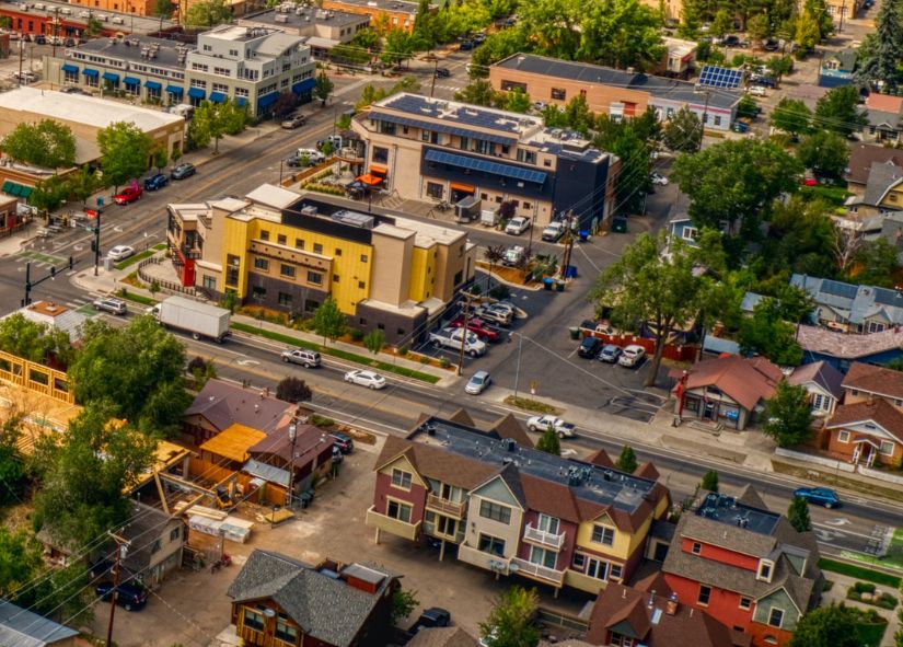 Aerial view of Durango neighborhood showing custom homes and tree-lined streets